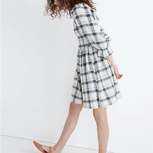 | madewell • lucie elbow sleeve smocked plaid mini dress • medium | - Picture 4 of 5